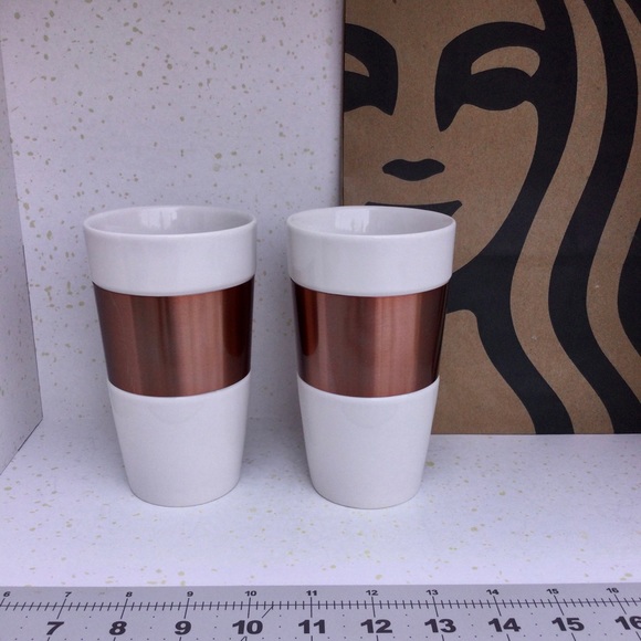 Starbucks Copper Band Tumbler Mug Ceramic 2012 White 10 Oz Mermaid Logo Cups - Picture 5 of 9